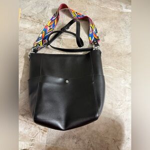 Black Leather Shoulder Bag with Colorful Strap
